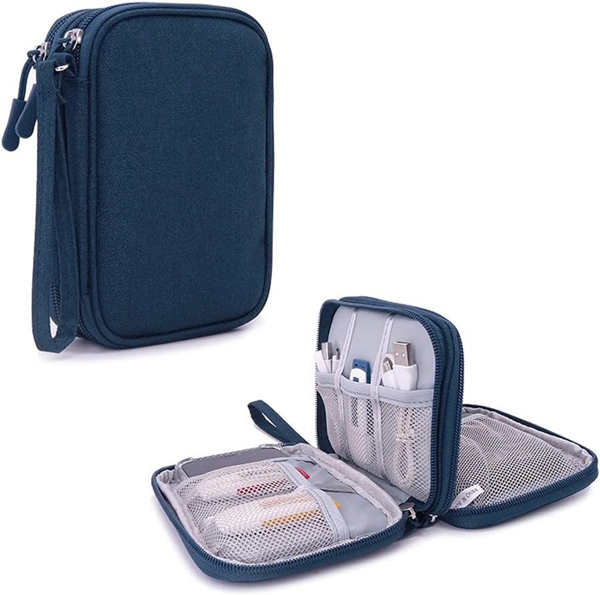 Dubbellaagse 2.5 inch Hard Drive Tas voor Opslag en Organisatie van Externe Schijven en USB-Sticks, Compact en Ideaal voor Reizen, Blauw