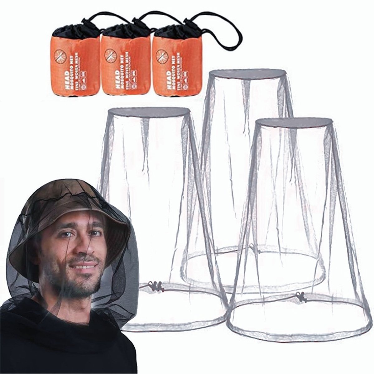 Anti-muggenhoofdnet (set van 3) – Muggenwerend hoofdnet voor de zomer / Insectenwerende gezichtssluier – Gaasnet voor kamperen, wandelen, vissen en tuinieren – Extra groot en extra lang – Ultrafijn gaas – 53 x 66 cm