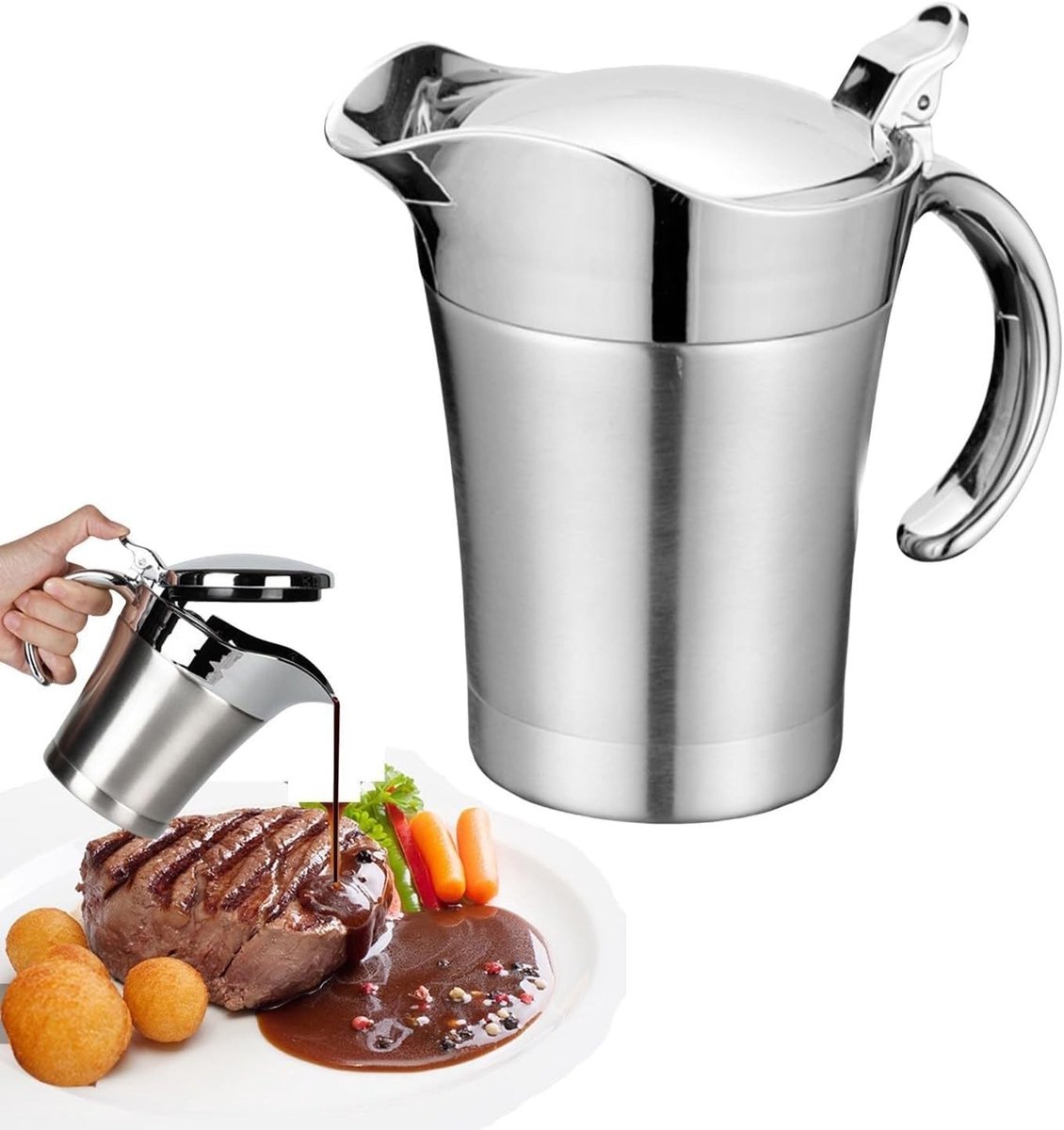 Thermische Sauskom van RVS, Dubbelwandig Geïsoleerde Sauspot voor Jus, Tomatensaus en Sap - Capaciteit 750ml, Ideaal voor Keuken en Tafelaankleding