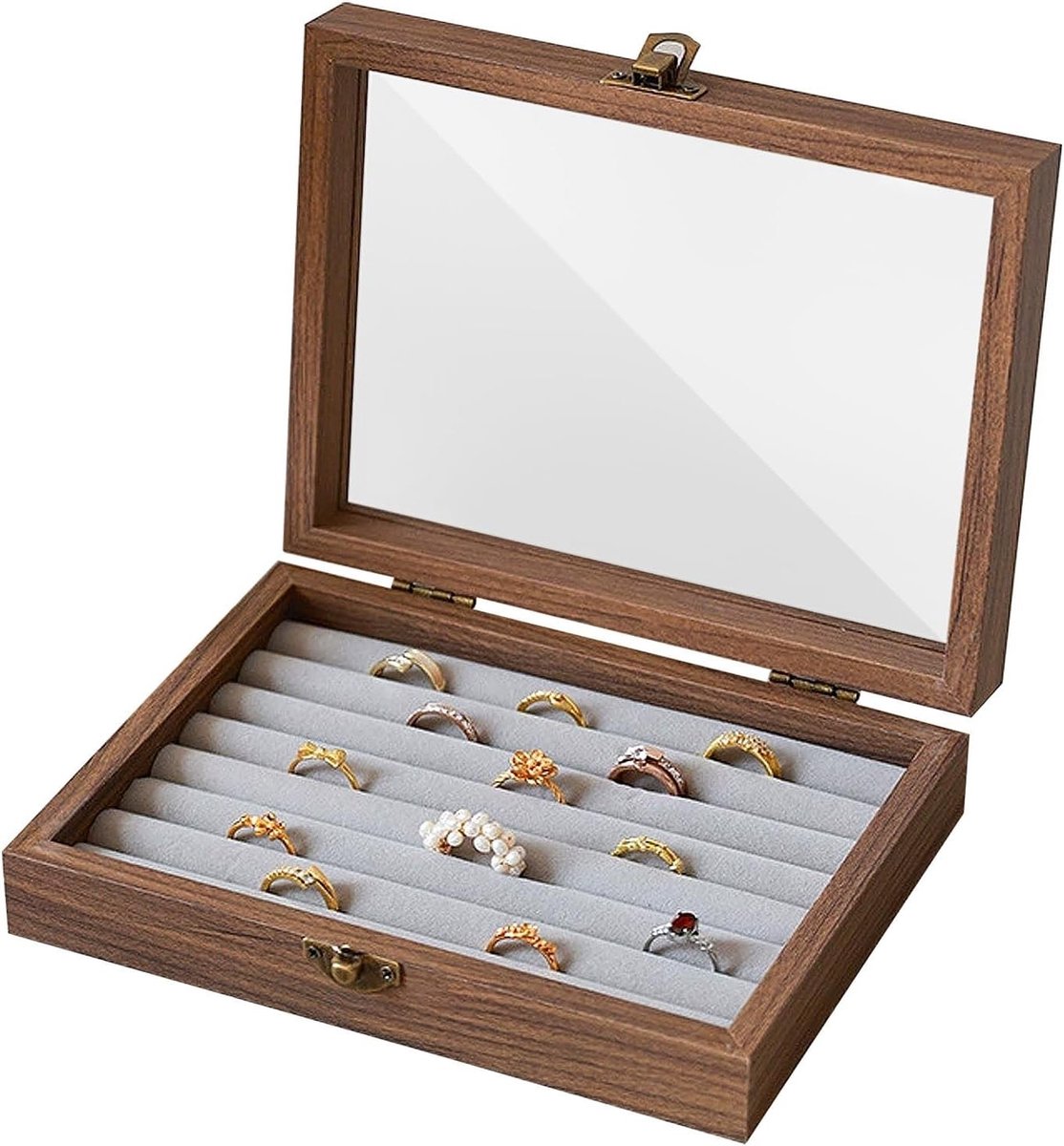 Elegante sieradendoos van natuurlijk walnoothout met 7 vakken voor ringen | Draagbare ringvitrine met zachte bekleding en kijkvenster, stof- en krasbescherming