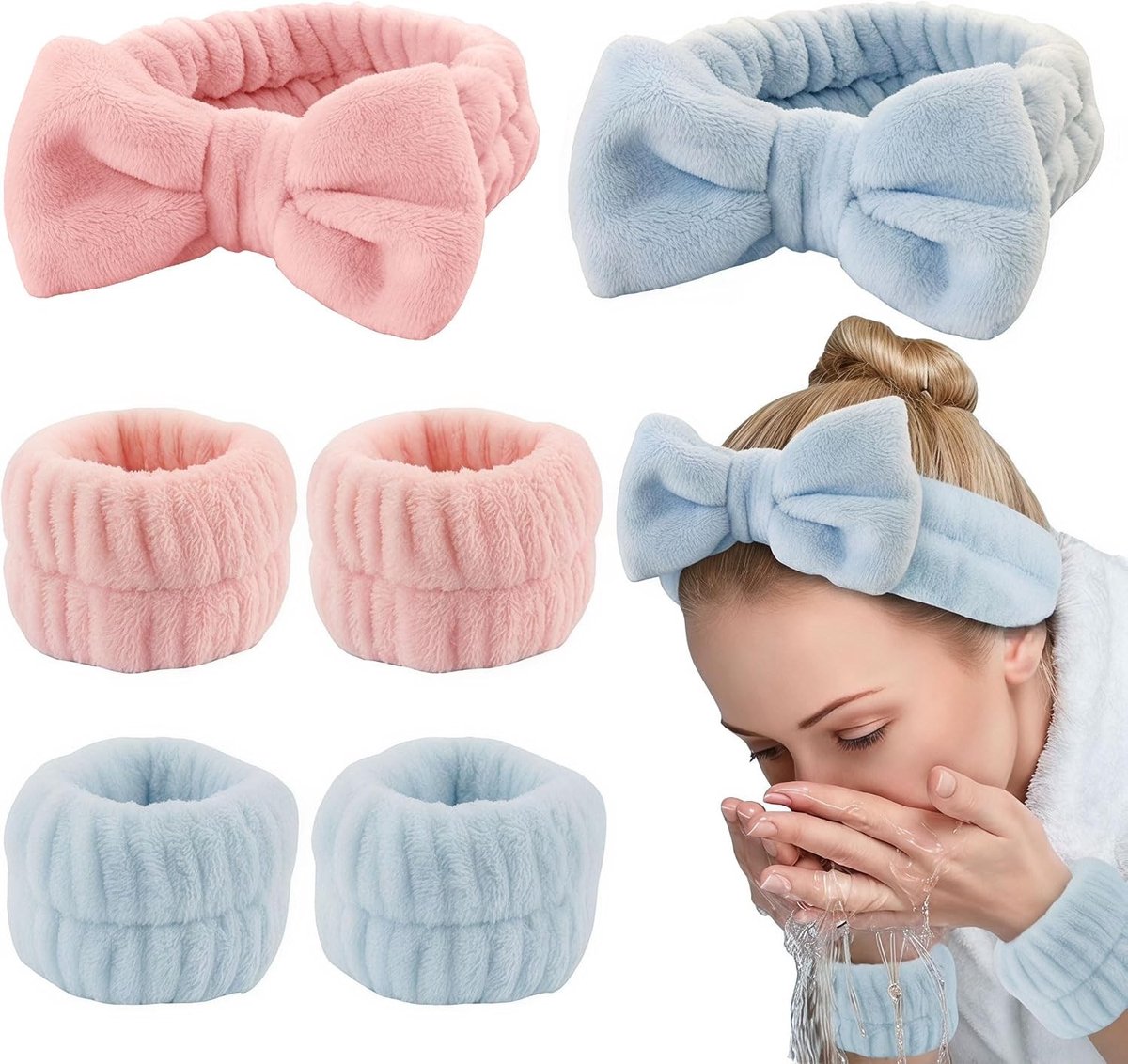 Set van 4 Fleece Haarbanden en Polsbanden - Antislip Hoofdband voor Gezichtsreiniging, Make-up en Yoga (Blauw, Roze)