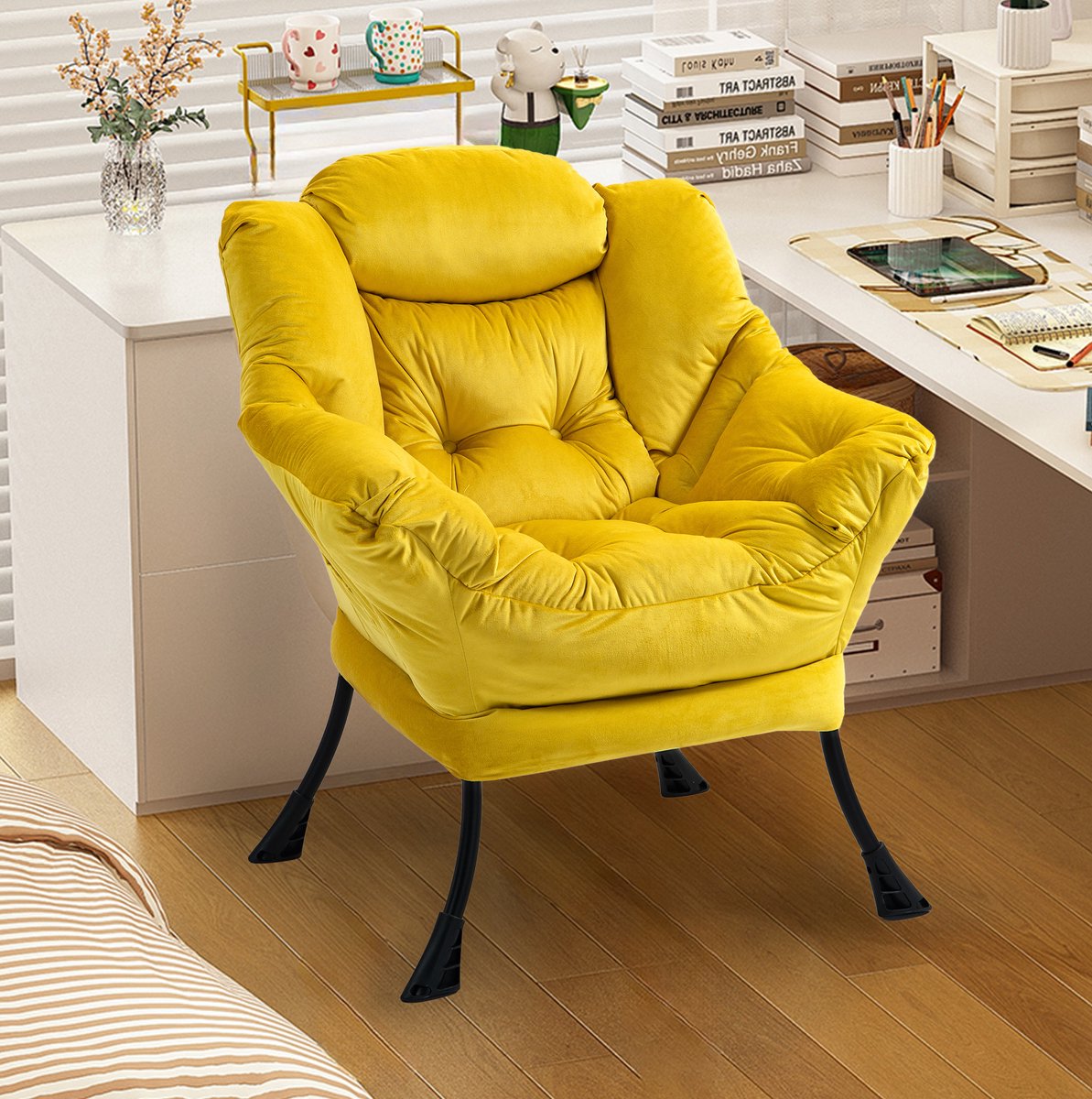 FloraGrace Fauteuil - Relaxstoel Met Armleuningen En Hoofdsteun - Zachte Velvet Zitting Met Metalen Frame - Voor Woonkamer En Balkon - Geel