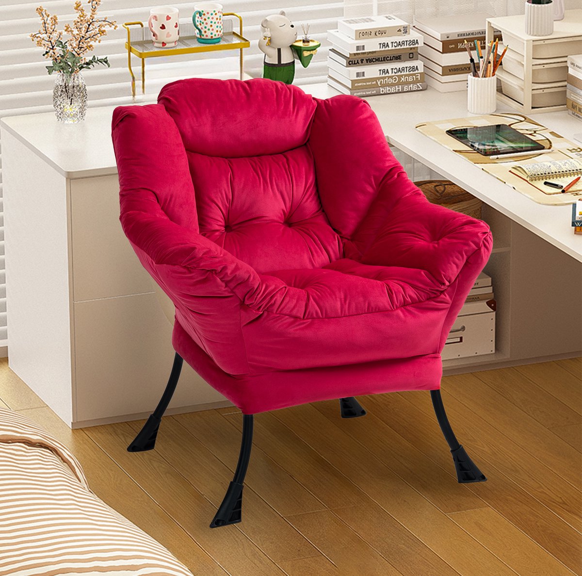 FloraGrace Fauteuil - Relaxstoel Met Metalen Frame En Armleuningen - Met Zachte Velours Bekleding - Voor Woonkamer Slaapkamer En Balkon - Brick Red