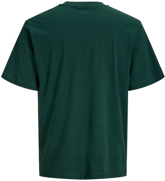Achterkant van een donkergroen t-shirt met ronde hals.