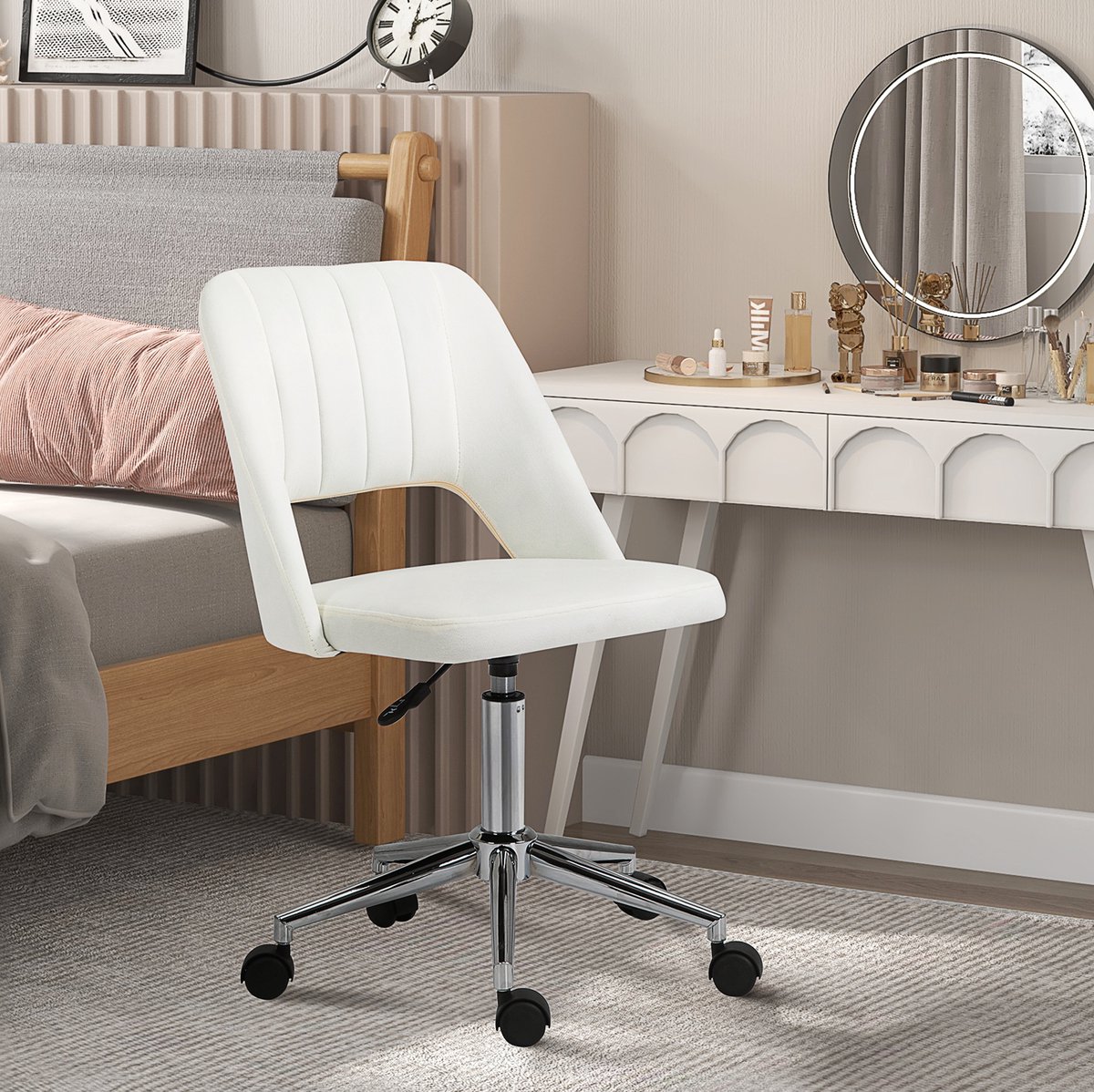 MIVRAY Bureaustoel 49 x 60 x 79-91 cm - Draaibaar En Hoogteverstelbaar Zonder Armleuningen - Voor Thuiskantoor En Woonkamer - Polyester Beige