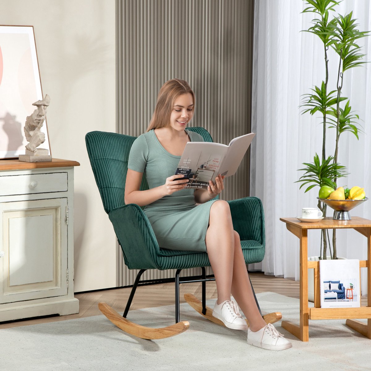 MIVRAY Schommelstoel 71 x 98 x 101 cm - Zachte Kordlook Met Armleuningen - Voor Woonkamer En Slaapkamer - Stof Donkergroen