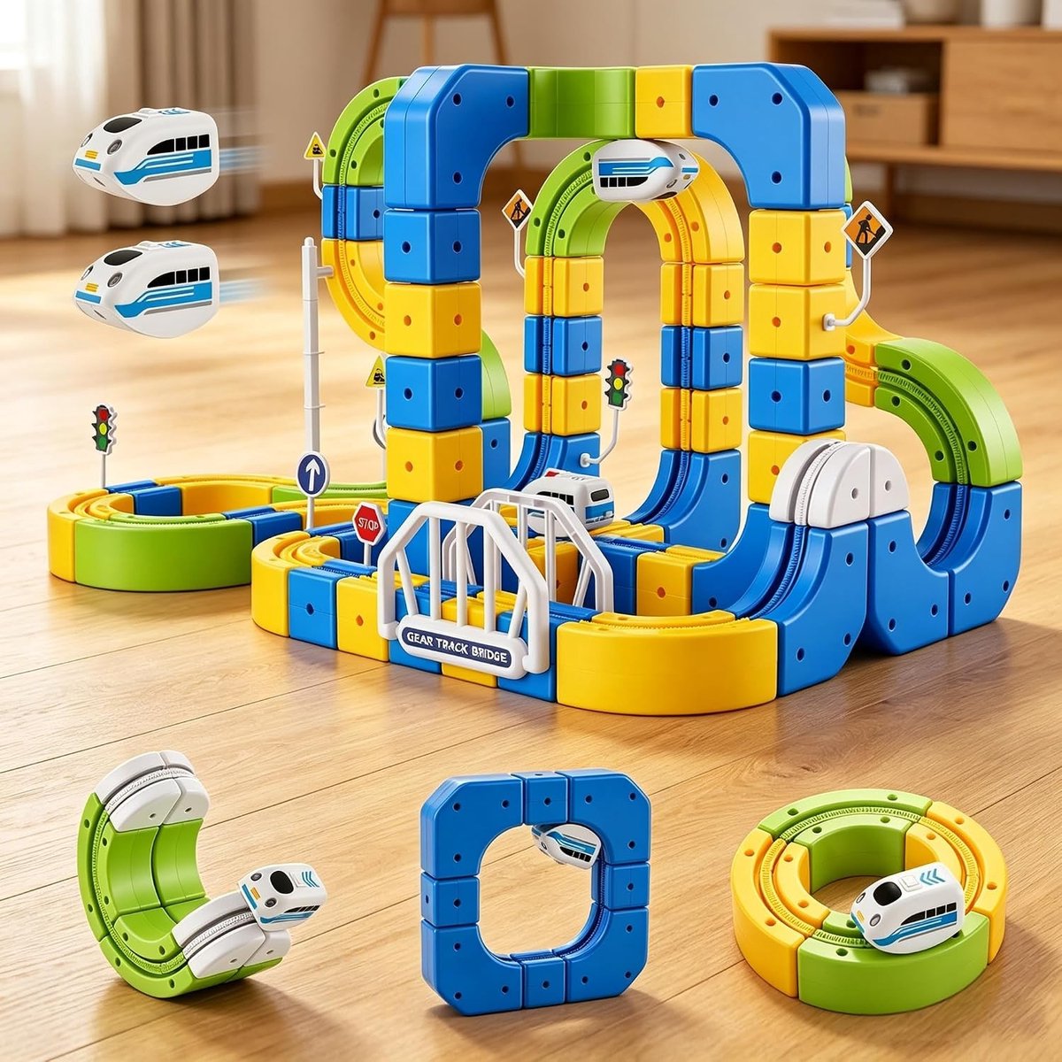 224 stuks elektrische spoorweg set met zuignap, 2 treinen en 3D Gear Track voor kinderen, doe-het-zelf bouwstenen en wandmontage rails