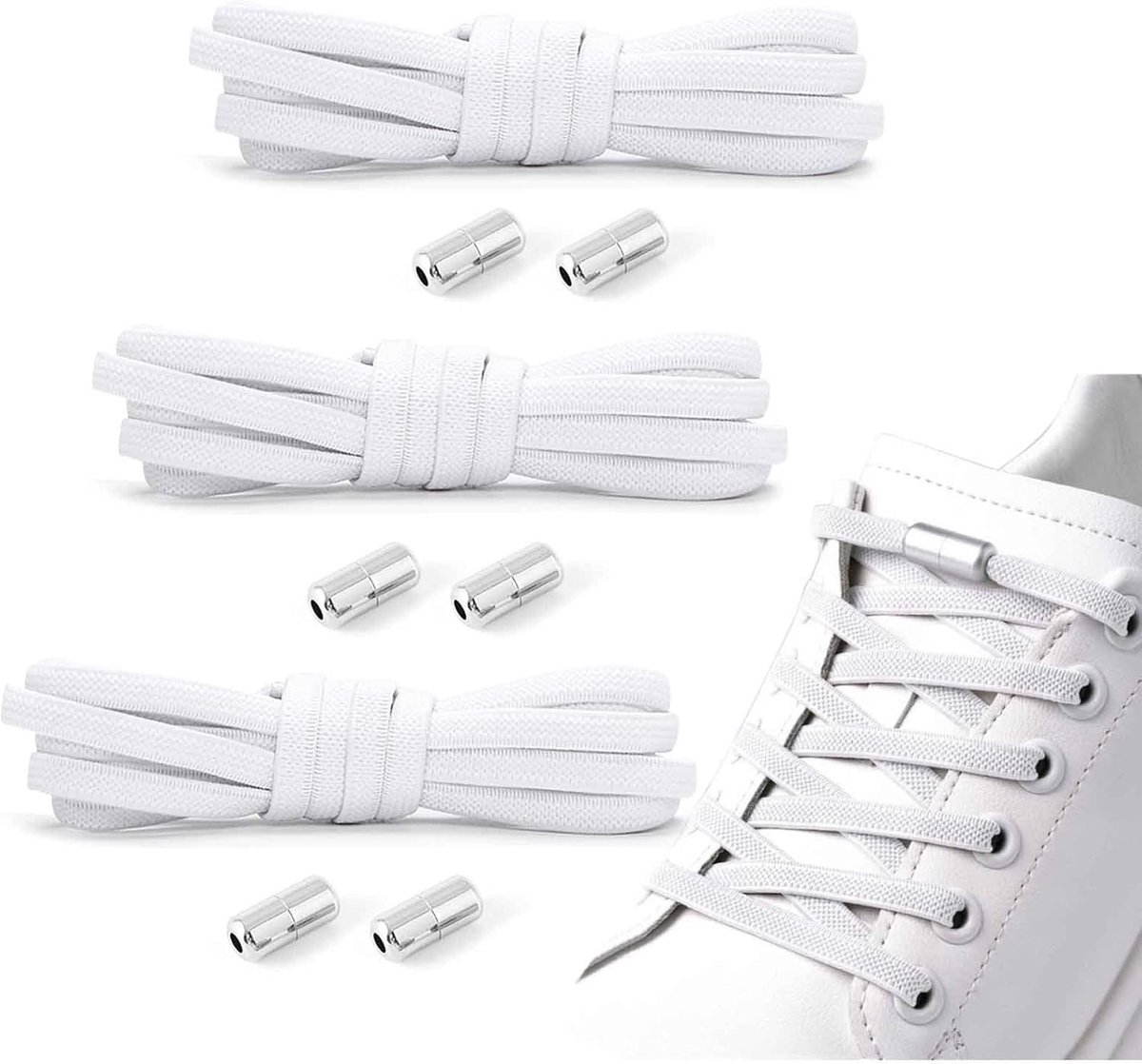 3 Paar No Tie Elastische Veters met Metalen Gespen voor Volwassenen en Kinderen, Ideaal voor Sportschoenen en Wandelschoenen - Wit