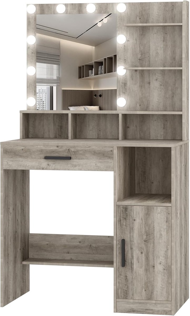 Hzuaneri Kaptafel met Spiegel en 10 Led Verlichting, Greige