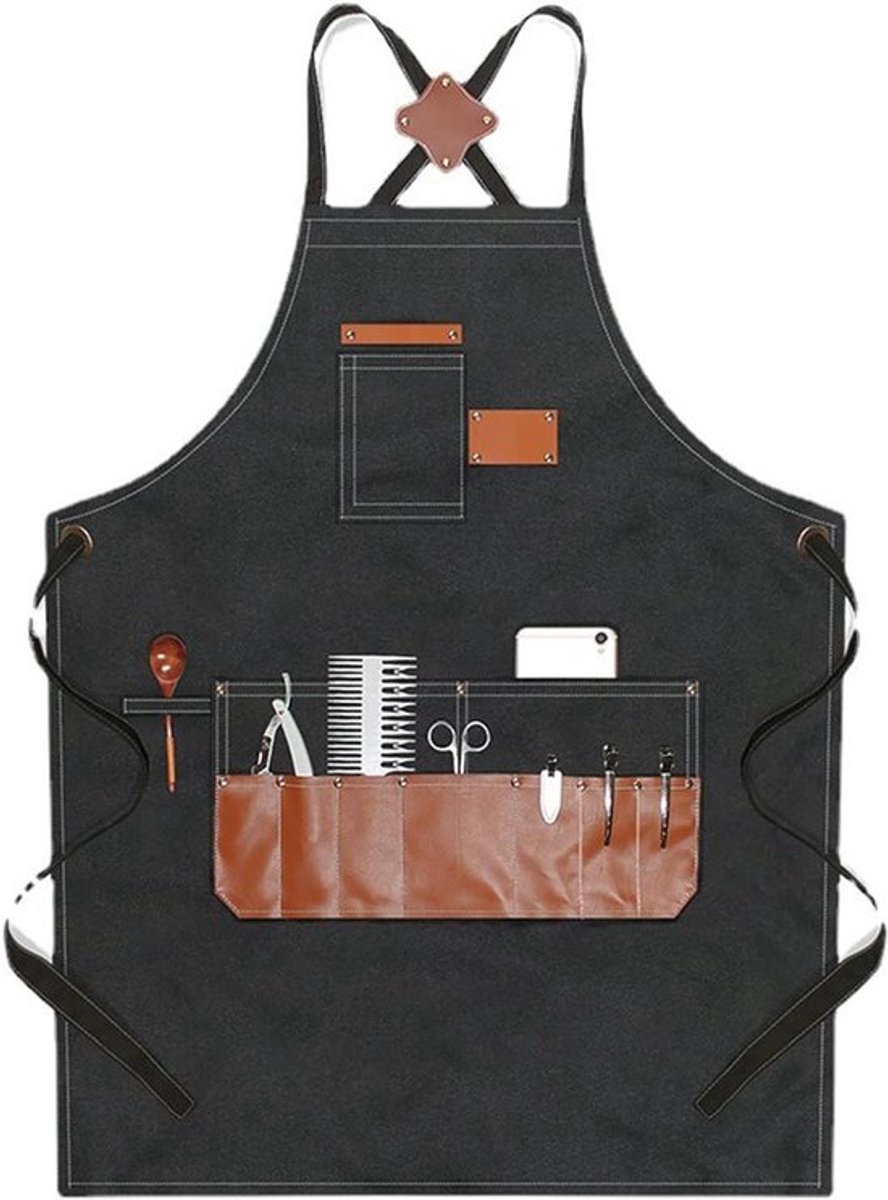 Professioneel Kappersschort van Canvas met Multi Pocket - Waterdicht en Zwart - Ideaal voor Kappers, Kunstenaars en Timmerlieden