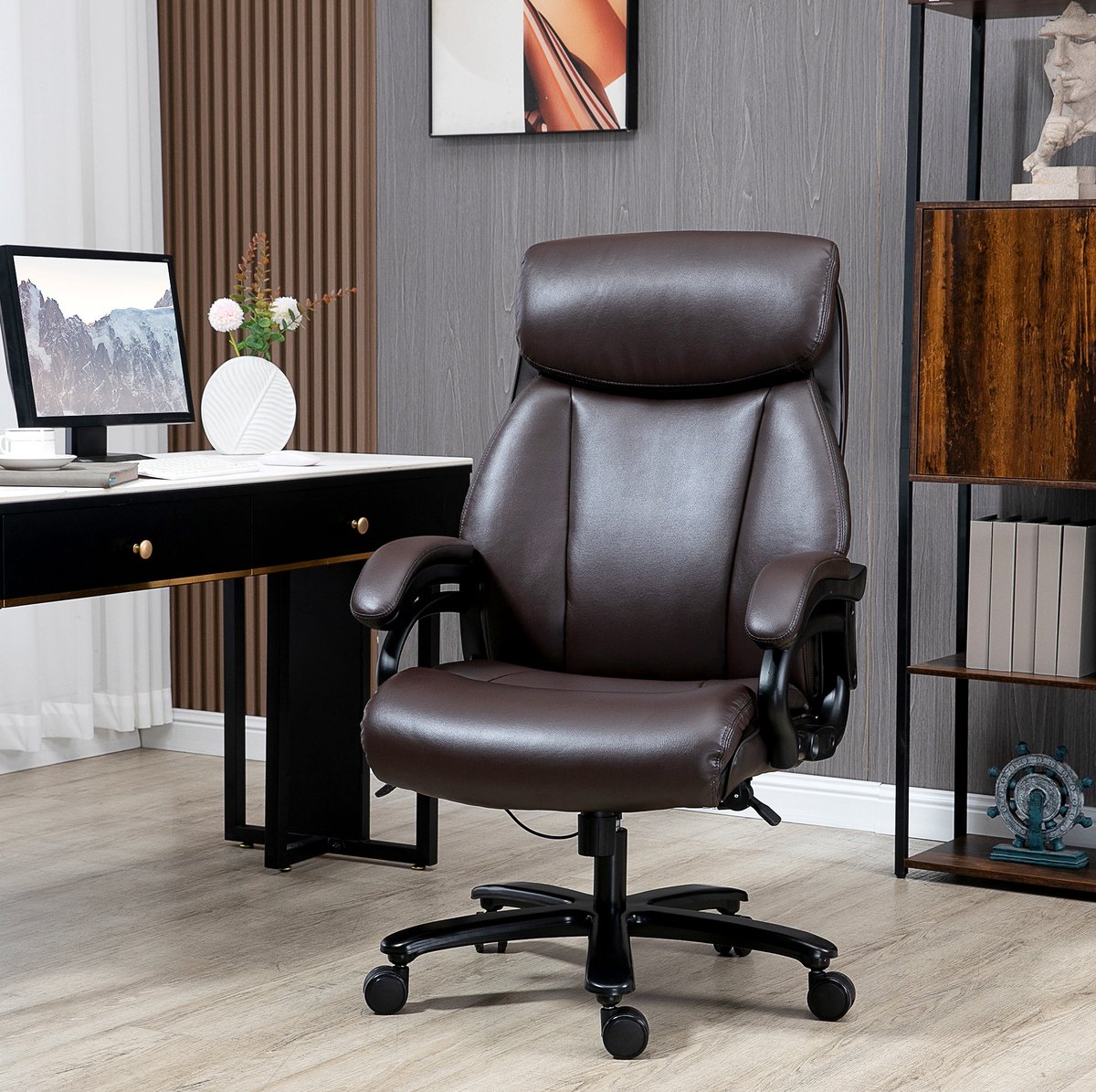 DESMIU Bureaustoel 72 x 83 x 114-122 cm - Ergonomisch Met Hoofdsteun, Vaste Armleuningen En Wipfunctie - Voor Kantoor - Bruin Kunstleer