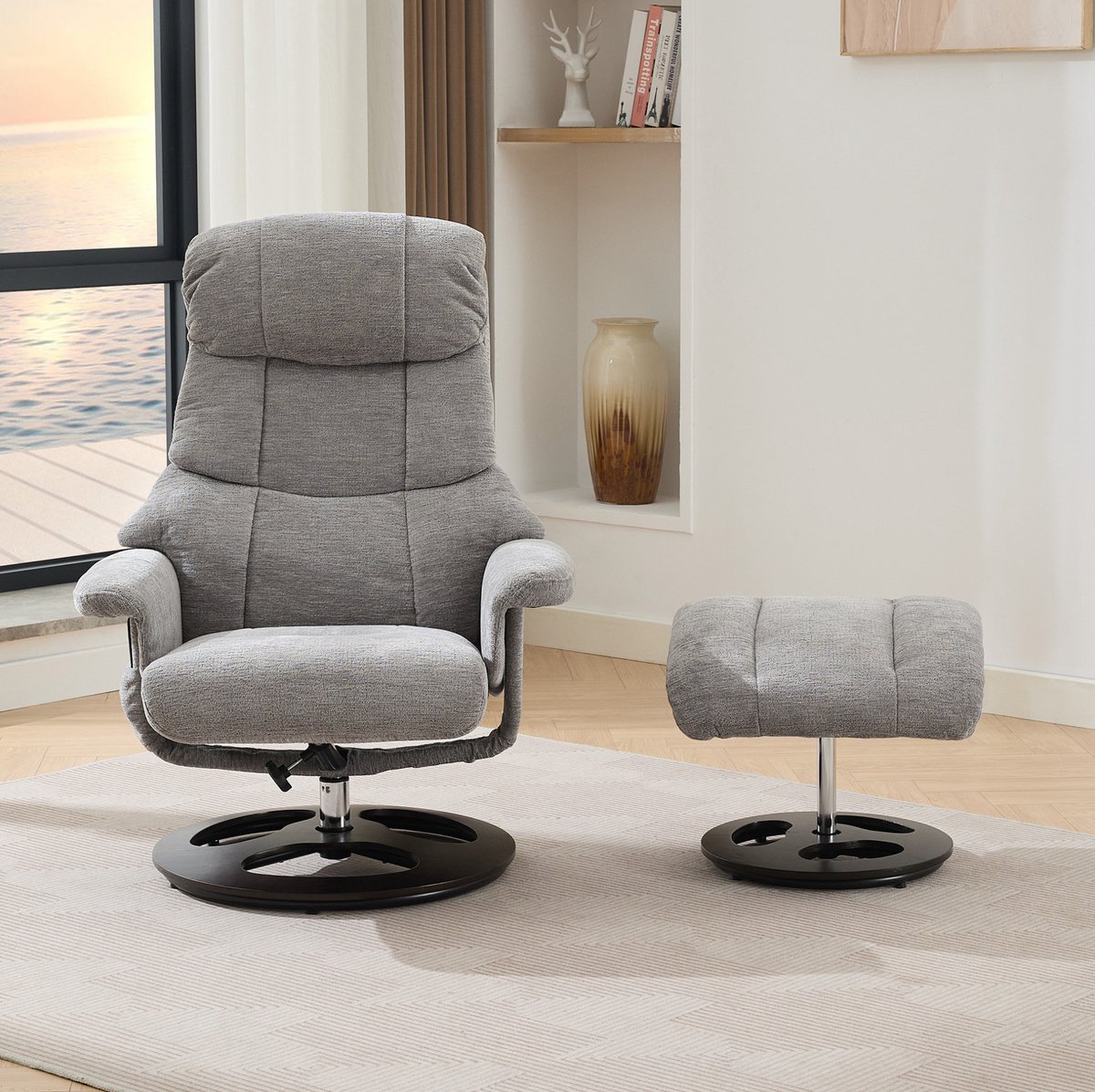 DESMIU Relaxfauteuil 83,5 x 81 x 111 cm - Met Massage, Verwarming, 140 Graden Rugleuning En Hocker - Voor Lezen En Ontspannen - Chenille Grijs