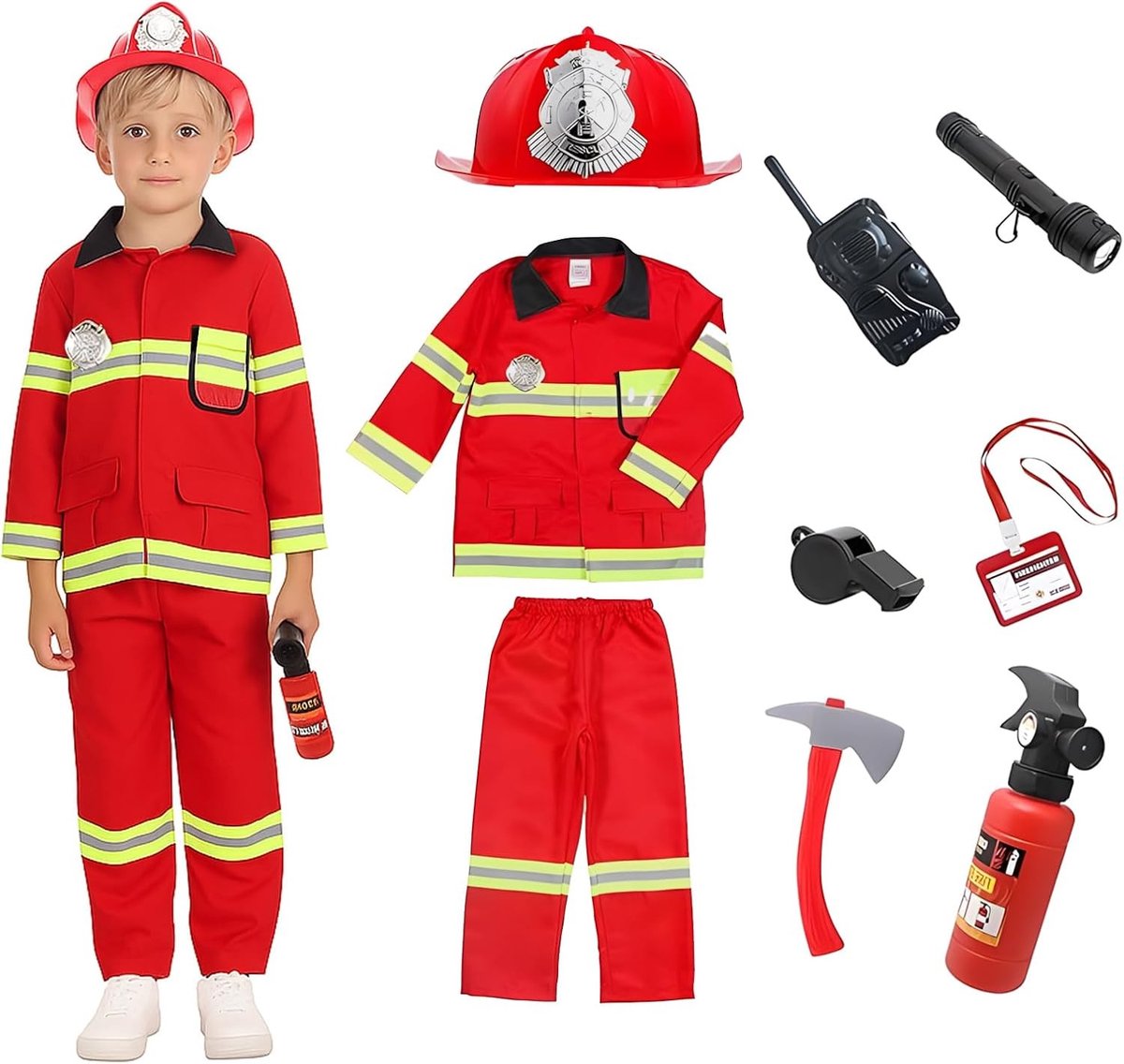 Kostuum voor Kinderen als Brandweerman met Brandblusser, Helm en Accessoires voor Carnaval en Halloween