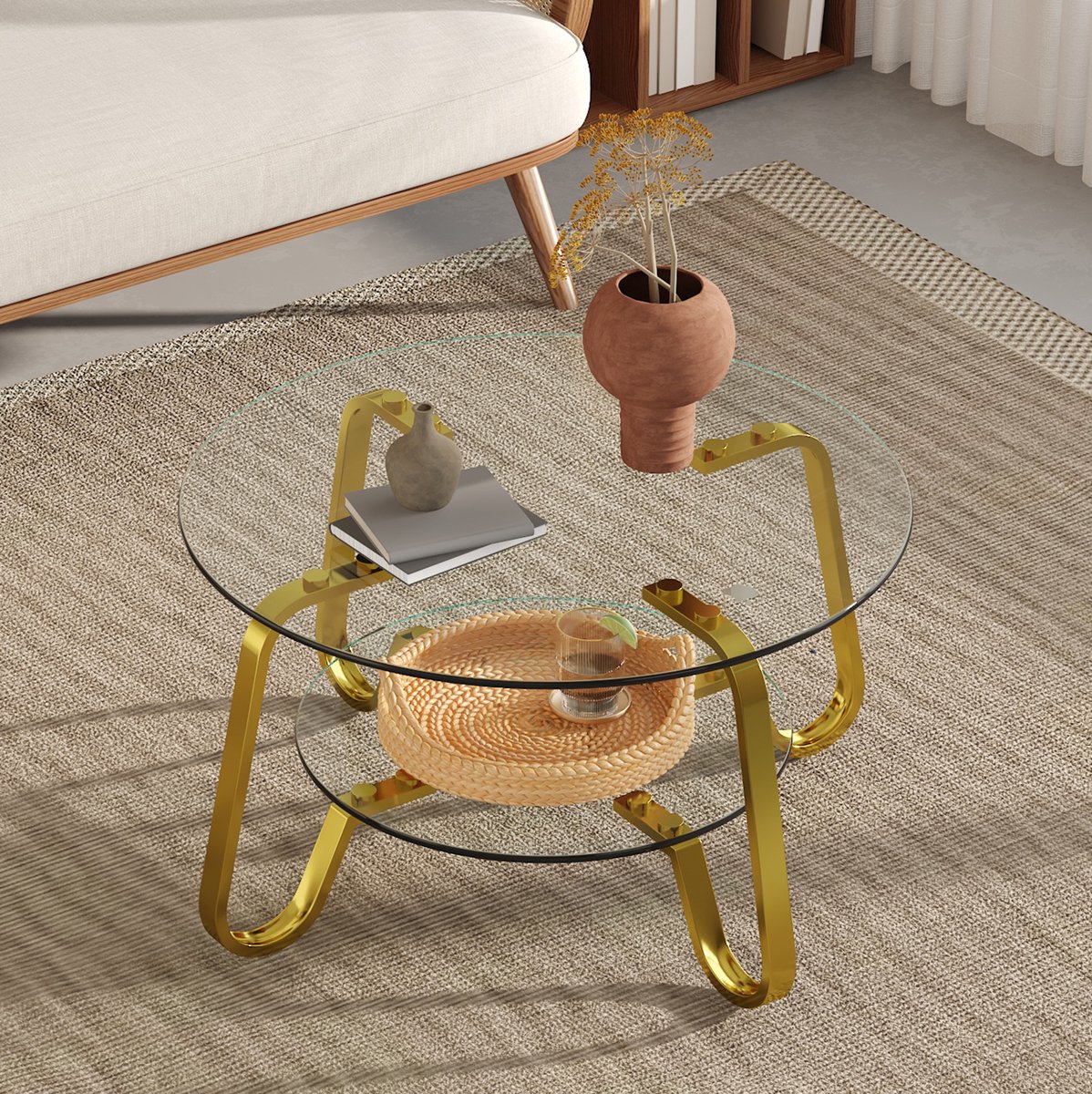 FloraGrace Salontafel - Ronde Dubbellaagse Glazen Tafel Met Open Opbergruimte - Voor Woonkamer - Metaal En Glas - 80x80x45 Cm - Goud Gold