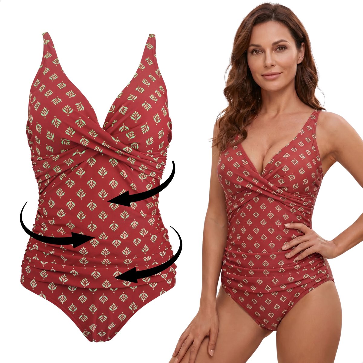 RENALUX - Corrigerend Badpak Dames met Verstelbare Bandjes - Shaping Badpak - Corrigerend Badpakken voor Dames - Rood met Print - XL