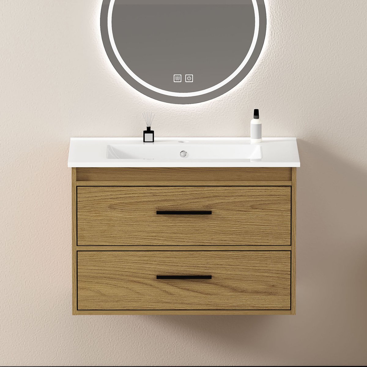 FloraGrace Badkamerkast - Compact Design Met 2 Lades En Wastafel - Voor Kleine En Middelgrote Badkamers - MDF En Keramiek - Licht Eiken - 73,8x46x52 Cm