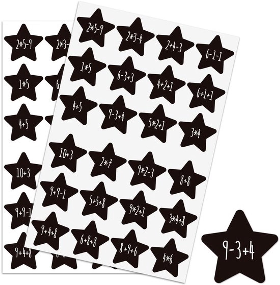 2 vellen stickers met de nummers 1-24, adventskalender met zwarte sterren, kerstdecoratie voor cadeauverpakkingen en doe-het-zelfpakketten (sterren).