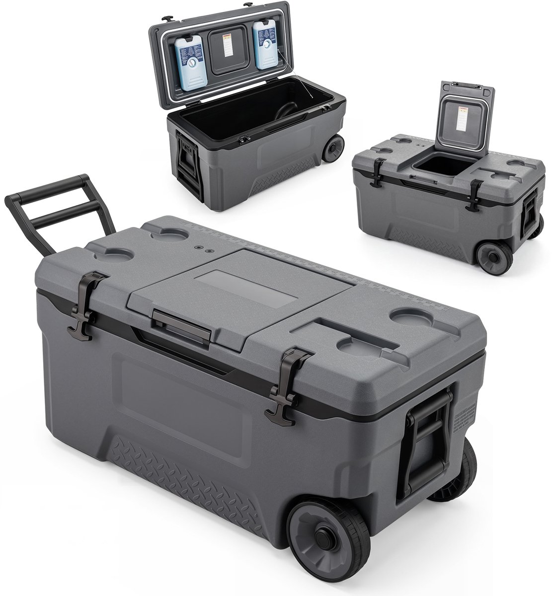 COSTWAY Koelbox, grote thermobox van kunststof met wielen en handgreep, isolatiebox met afvoerstop, bekerhouder en veiligheidssluiting, draagbare koelkast voor camping en picknick