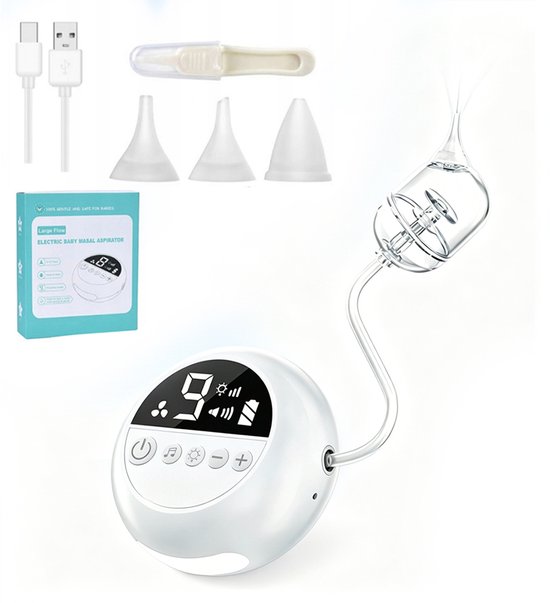 Elektrische neusaspirator voor baby's - Met muziek en nachtlampje - 9 zuigstanden - 3 zuigmondjes - Neusreiniger - Oplaadbaar - ABS - Stil - Wit — afbeelding 4