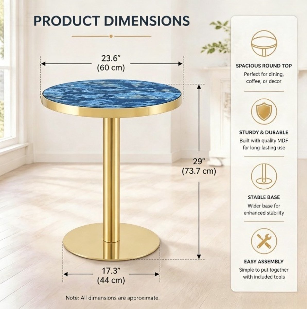 STILVORA Bijzettafel - Ronde Tafel Met Marmerlook En Gouden Rand - Voor Woonkamer Slaapkamer Of Balkon - MDF En Metaal - 60 x 73,7 cm - Blauw