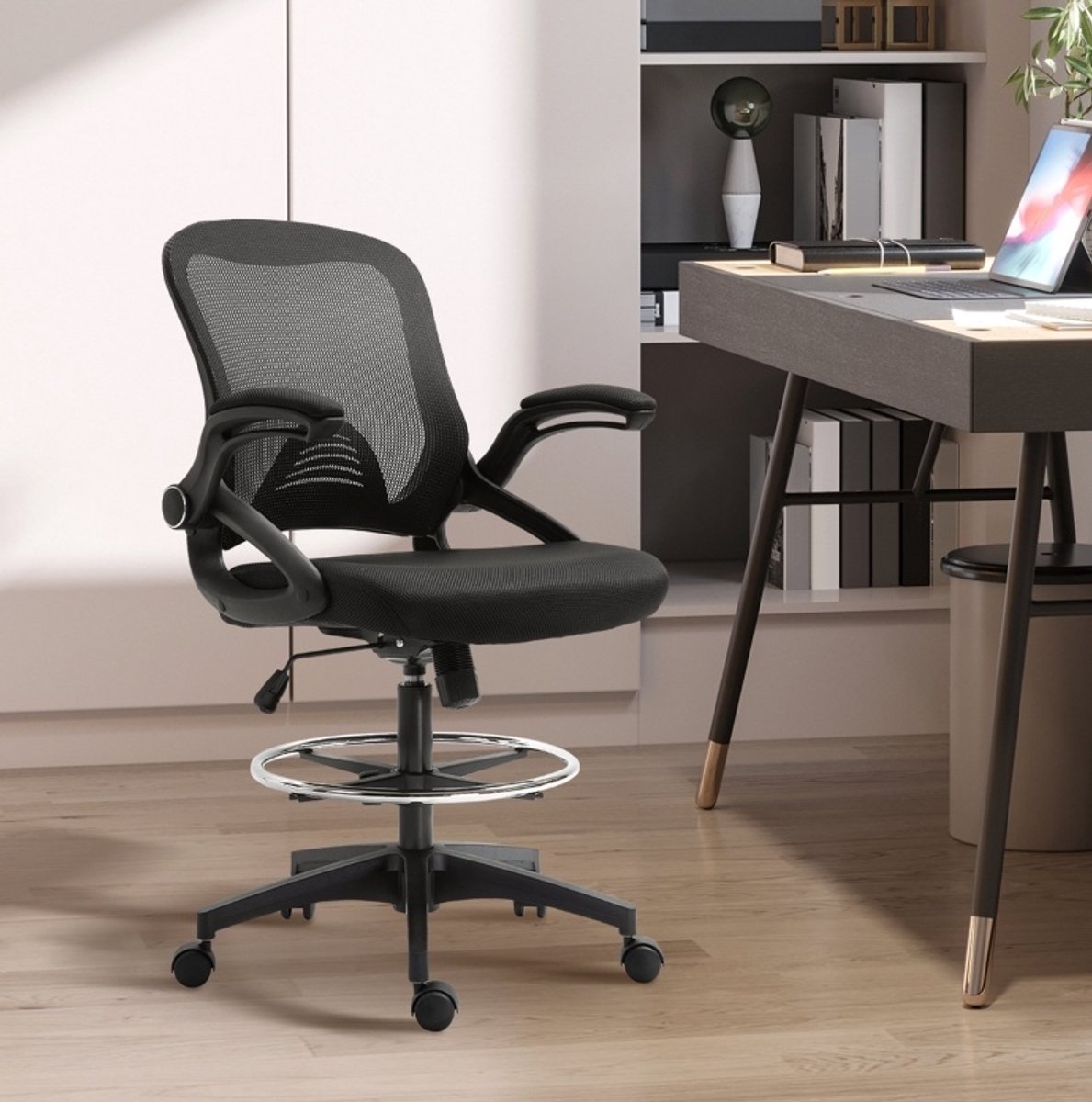 DESMIU Bureaustoel 64 x 60 x 106-126 cm - Verstelbare Zitting Met Voetensteun En Draaifunctie - Voor Bureau En Sta Bureau - Kunststof Zwart