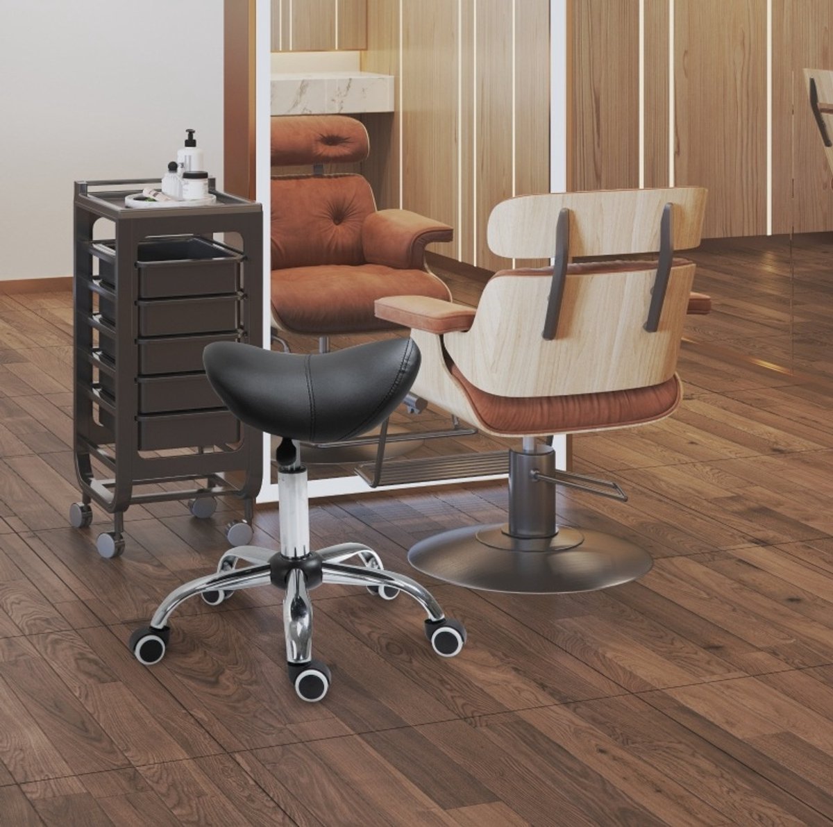 DESMIU Bureaukruk 49-61 Cm - Zadelkruk Met Wielen En Traploze Hoogteverstelling - Voor Kantoor En Salon - Kunstleer Zwart