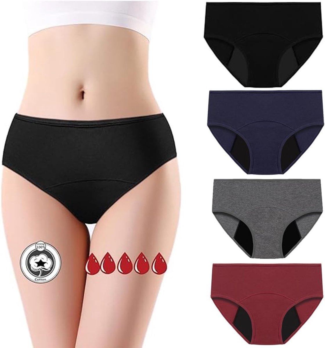 Absorbente en Lekvrije Menstruatieondergoed voor Vrouwen - Herbruikbare Katoenen Slipjes voor Zware Bloedingen - Set van 4 in Maten S/M/L