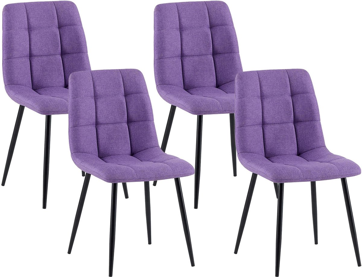 CLP Antibes Set van 4 Eetkamerstoelen - Zonder armleuning - Metaal frame - Stof/purper