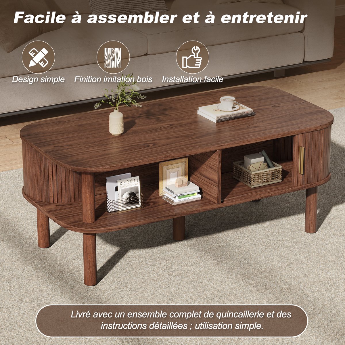 FloraGrace Salontafel - Scandinavisch Design Met Schuifdeur En Open Opbergruimte - Voor Woonkamer - MDF - 110x55x45 Cm - Walnootkleur