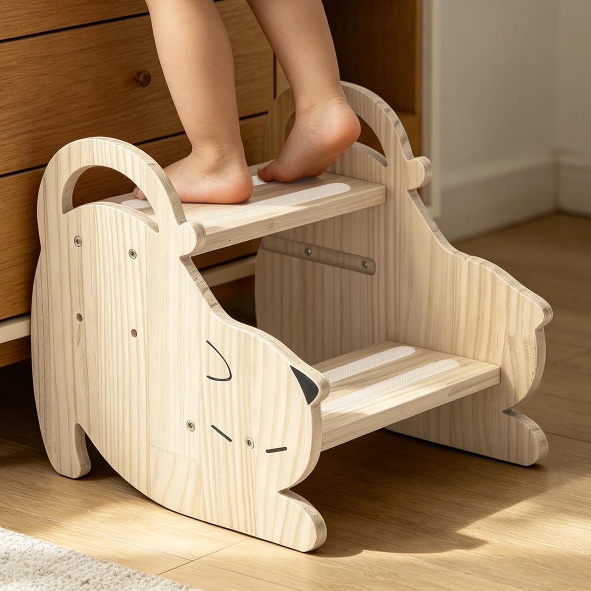 2-traps houten opstapkruk voor kinderen en volwassenen, antislip, hoogte verstelbaar, stevig en veilig tot 100 kg belastbaar