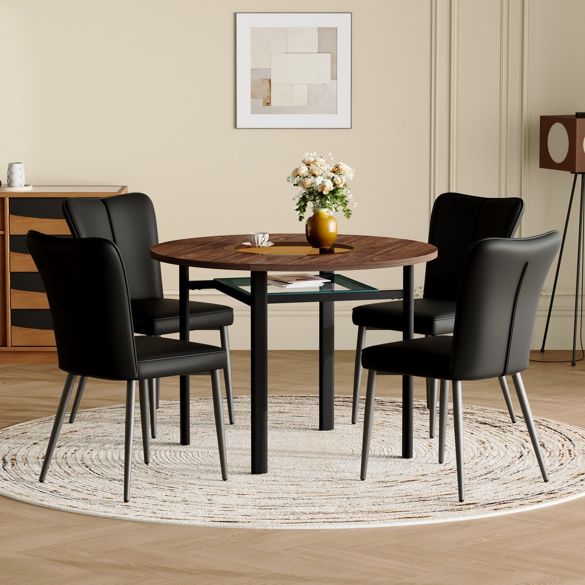 DESMIU Eettafelset 100 Cm - Ronde Eettafel Met 4 Stoelen En Glazen Inzet - Voor Eetkamer En Keuken - Houtlook, Metaal Zwart