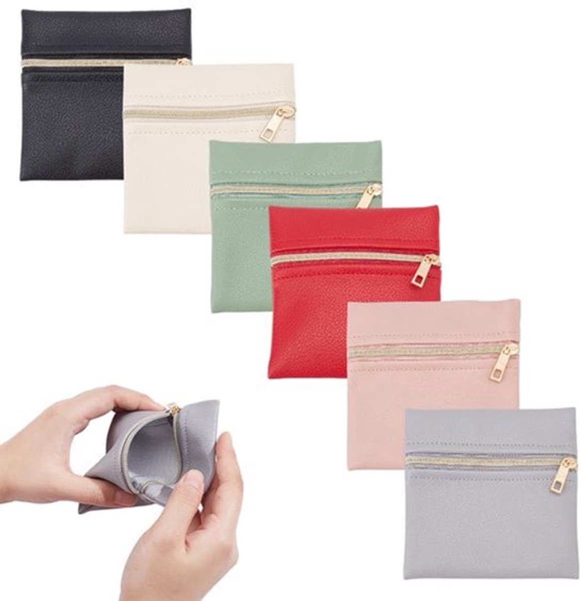 6 Stuks PU Leren Sieraden Tasje - Zipper Sieraden Reistas voor Oorbellen, Ringen, Armbanden - Gemengde Kleuren, 10x10x0,8cm