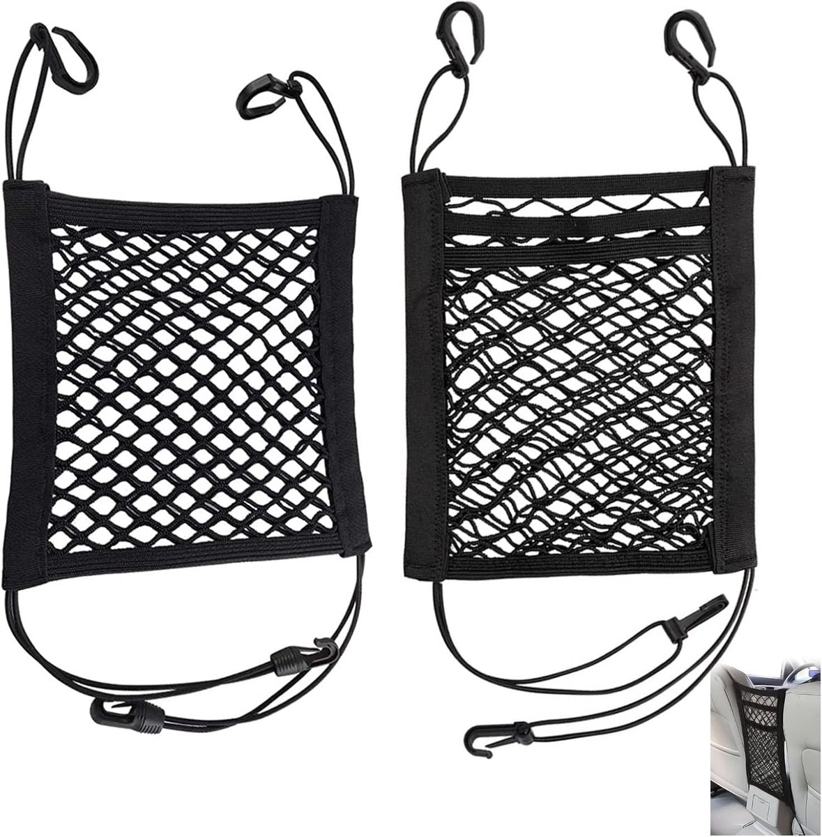 SnelShoppen - Pack van 2 Auto Zitplaats Organizer - Elastisch Nylon Luggage Net voor Handtassen, Snacks, Boeken, Flessen en Meer - Voor de Meeste Auto
