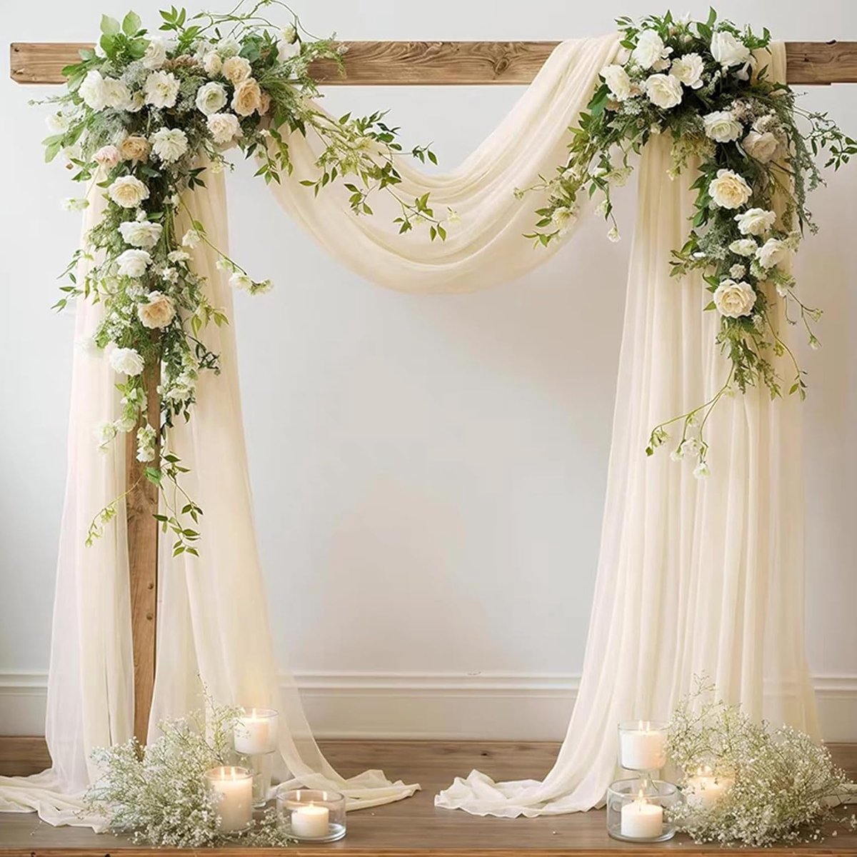 SnelShoppen - Wedding Arch 0.75x8M - Tulle Decoratie Gordijnen met Strik Ribbons voor Bruiloft, Fotografie, Feest - Ivoor, 2er Pack