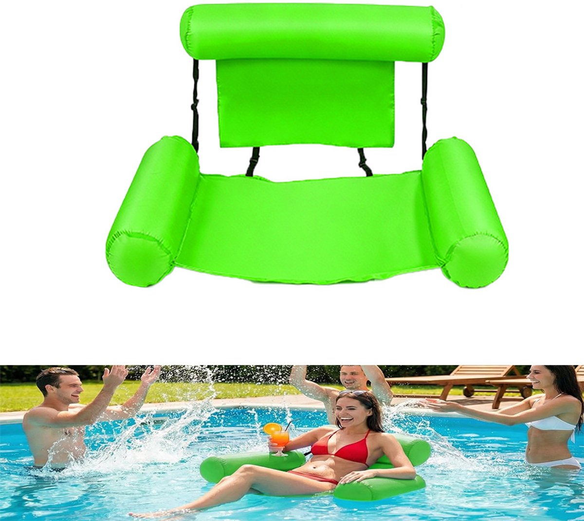Drijvende strandmat - Zwembadstoel - Opblaasbaar ligbed voor op het water - Opblaasbare drijfstoel - Opblaasbare stoel met hoofdsteun en armsteunen, comfortabel om te ontspannen in het water - PVC - 90x80 cm - Voor Zwembad En Strand - Groent