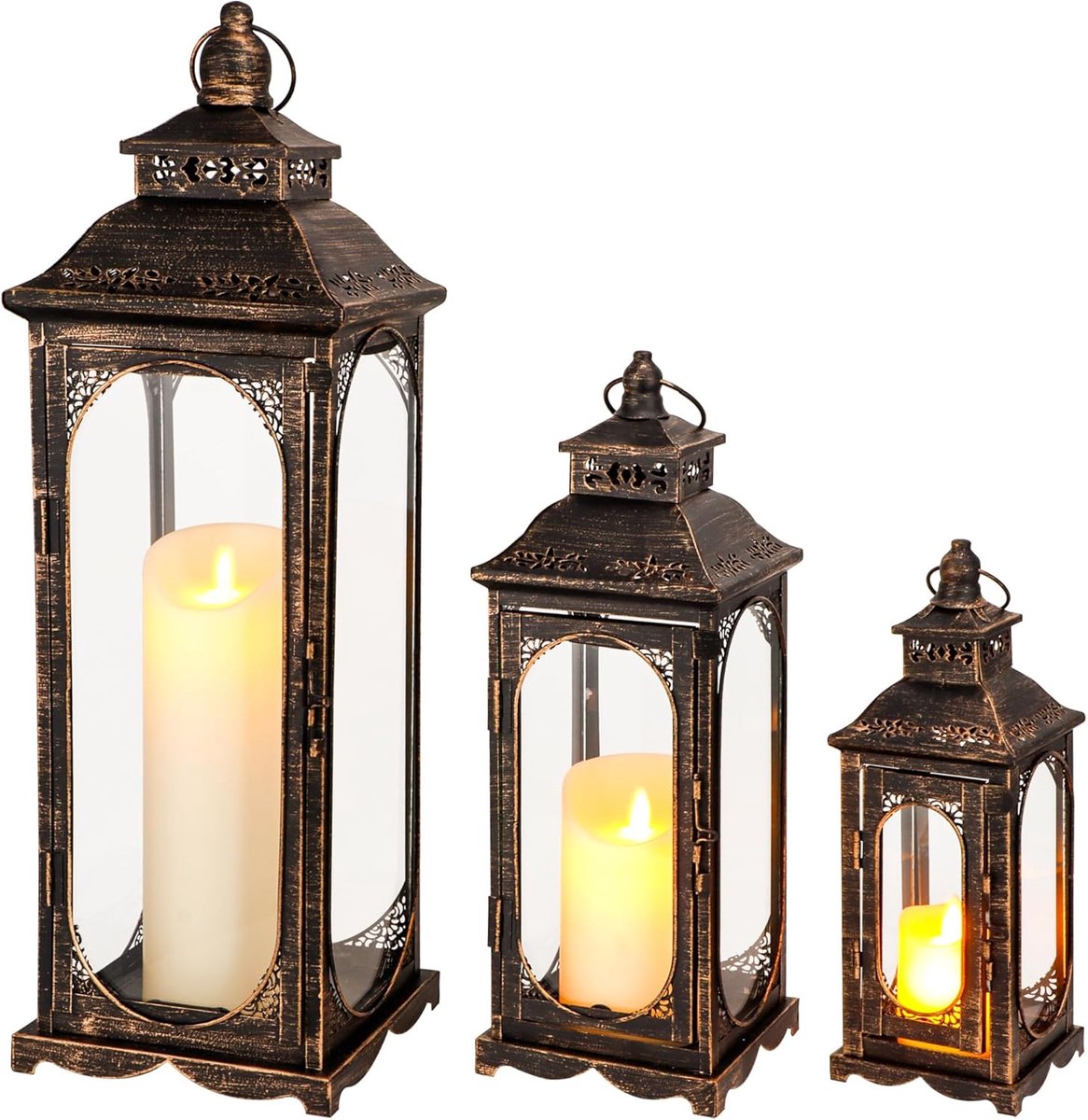 SnelShoppen - Set van 3 Vintage Candle Lanterns 10/14/19.5" H - Decoratieve Buitenlanternen - Metalen Kaarsenhouder met Gehard Glas - Voor Tuin, Woonk