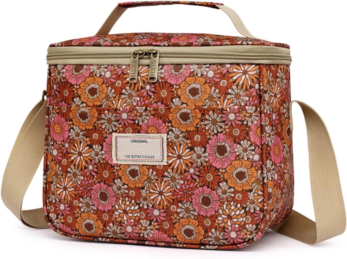 SnelShoppen - Grote Herbruikbare Koeltas, Waterdichte Lunchtas met Bloemenpatroon, Verstelbare Schouderriem, 7.5L, Ideaal voor Picknicks, School, Werk
