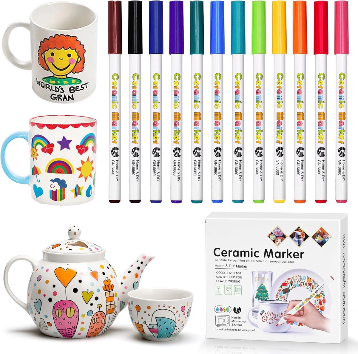 Thijox - Porseleinen Stiften Set 12 Kleuren - Vaatwasmachinebestendig Glasverfstiften - Waterdichte Acrylmarkers voor Keramiek, Mokken, Borden en Vaze