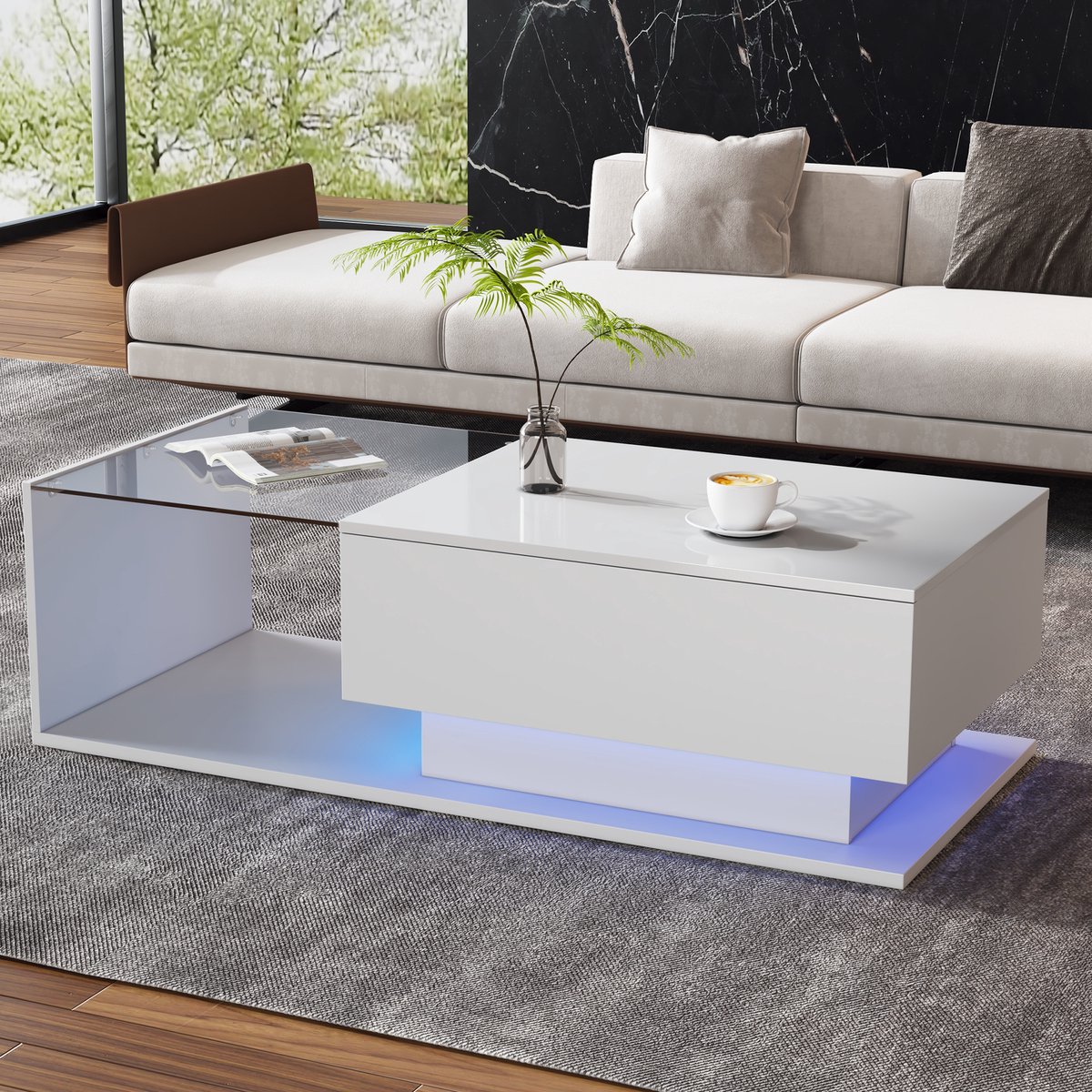 COVREO Salontafel 100x50x32 cm – wit hoogglans, glasplaat, 1 lade en LED-verlichting