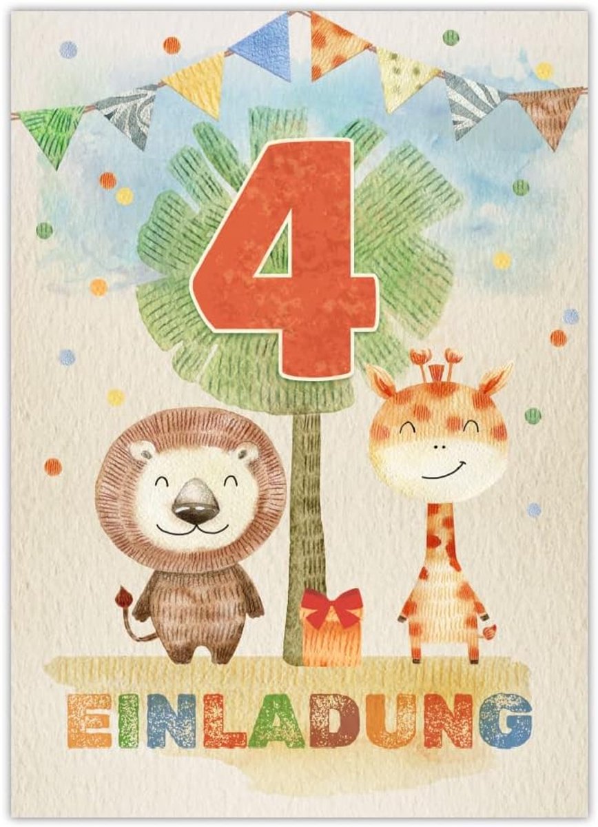 SnelShoppen - 12 Uitnodigingen 4de Verjaardag Kinderen - Dieren Thema - Voor Jongens en Meisjes - 10,5x14,8 cm - Perfect voor Feestjes