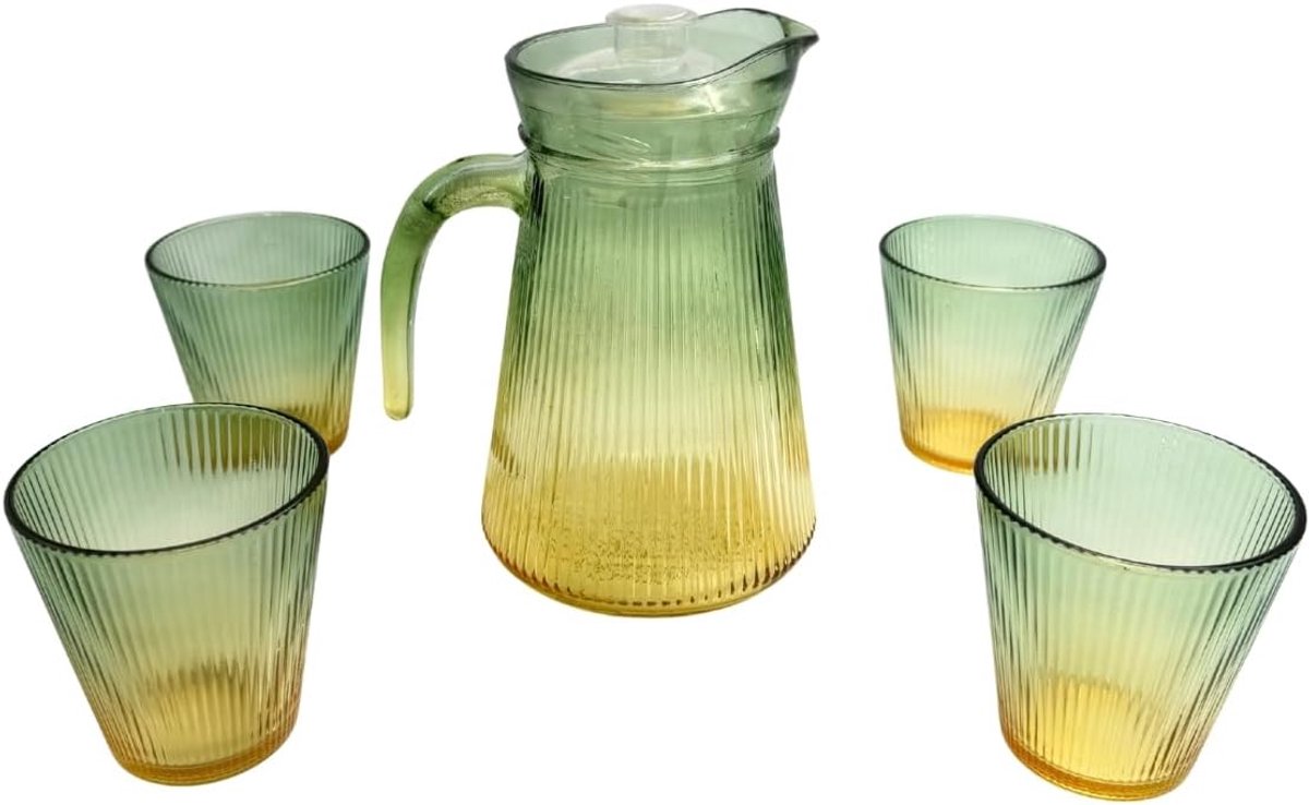 SnelShoppen - Elegante Eldo Decanteerder + 4 Groene Glazen - 1.2 L Glazen Karaf Set voor Ijsthee, Sap en Limonade, Perfect voor Tuin, Picknick en Fees
