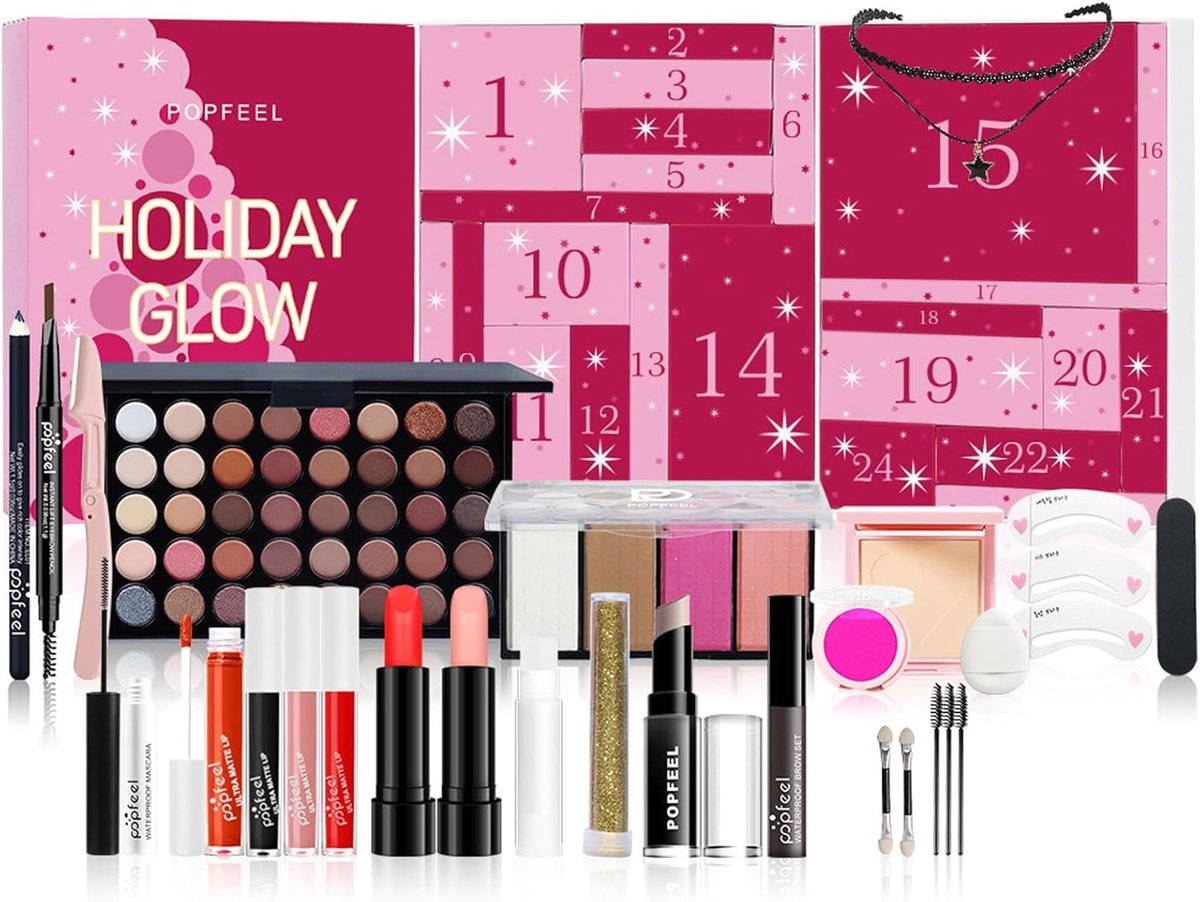 SnelShoppen - Adventskalender 2024 voor Vrouwen, 24 Stuks Make-up Set, Luxe Cosmetica Giftset voor Feestdagen en Verwenmomenten