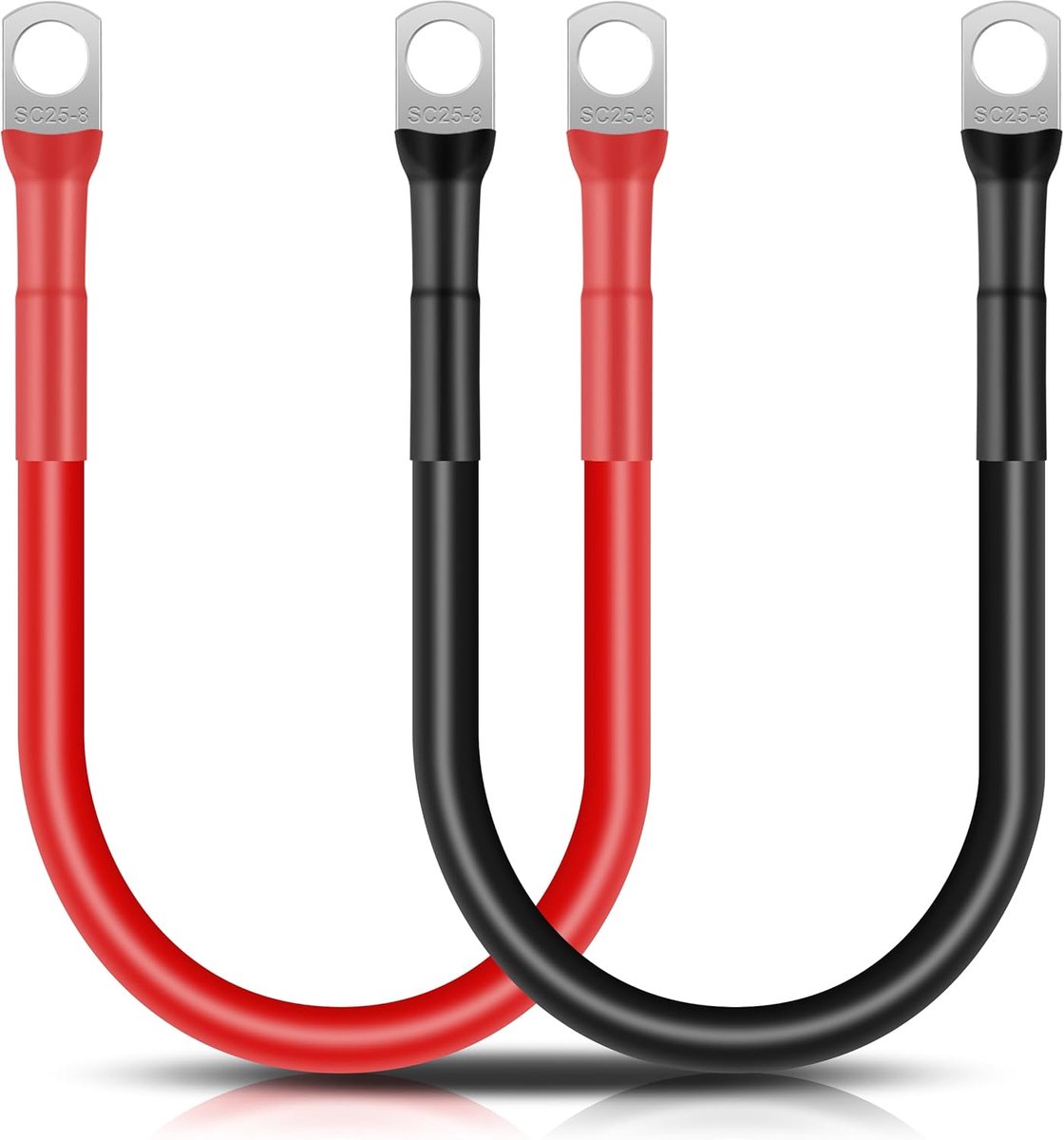 SnelShoppen - Pack van 2 Batterijkabels 30 cm, 25 mm² / 3 AWG, Koper met M8 Ring Terminals, 12V, Zwart/Rood, Ideaal voor Auto, Motor, Zonnepaneel, Vra