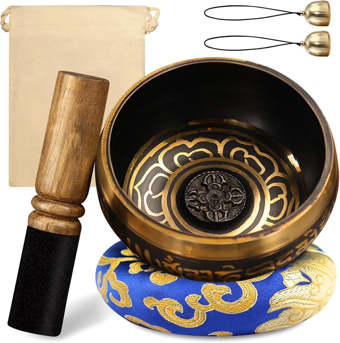 SnelShoppen - Mini Tibetaanse Klankschalen Set 8cm, Meditatie Kom met Houten Slaghamer, Geluidskussen, Draagtas, Ideaal voor Yoga, Spirituele Ontspann