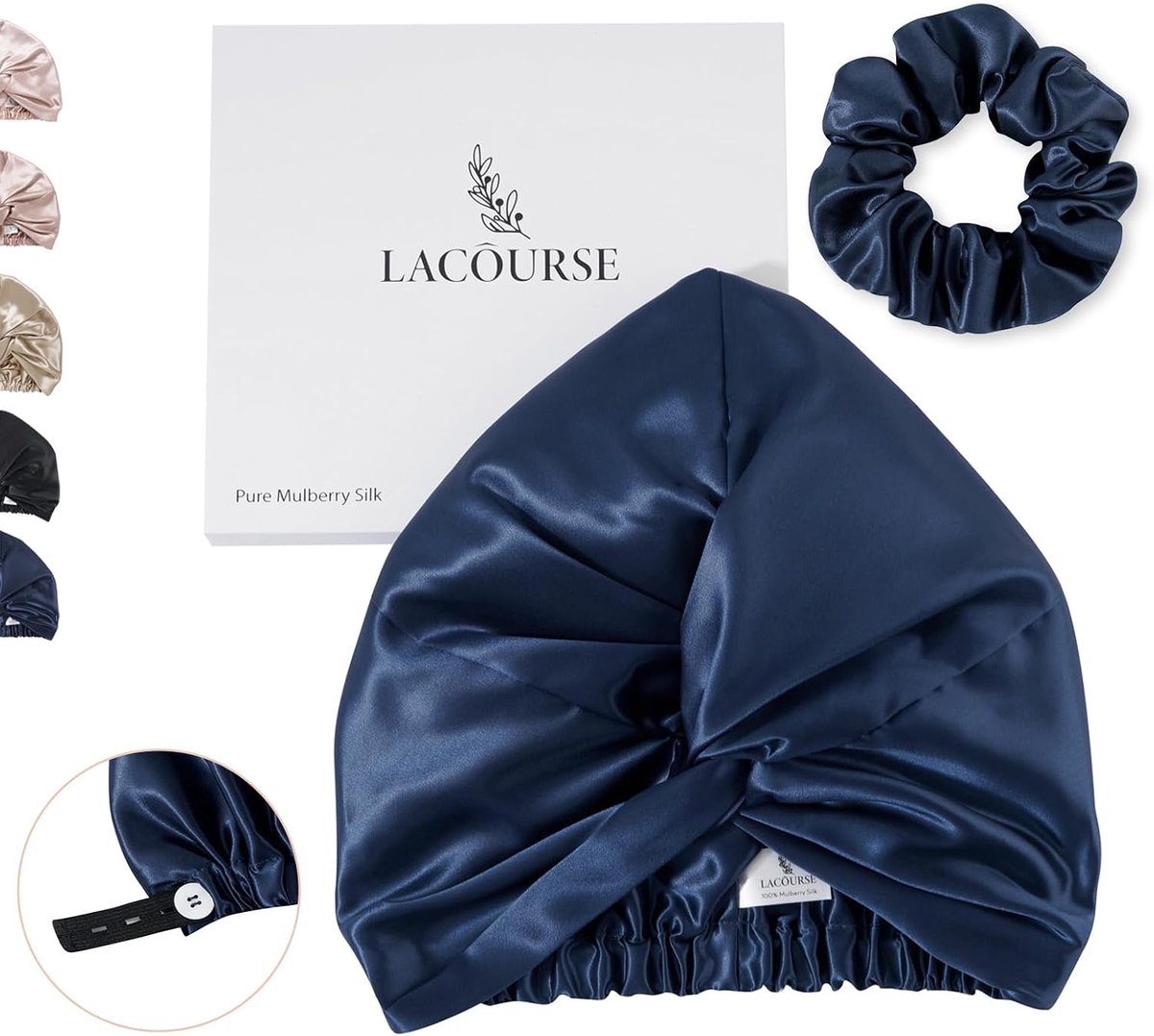 SnelShoppen - 100% Echte 22 Momme Zijde Bonnet voor Slapen, Dubbele Laag Mulberry Zijde Haar Wrap met Premium Elastiek, One Size, Navy Blauw