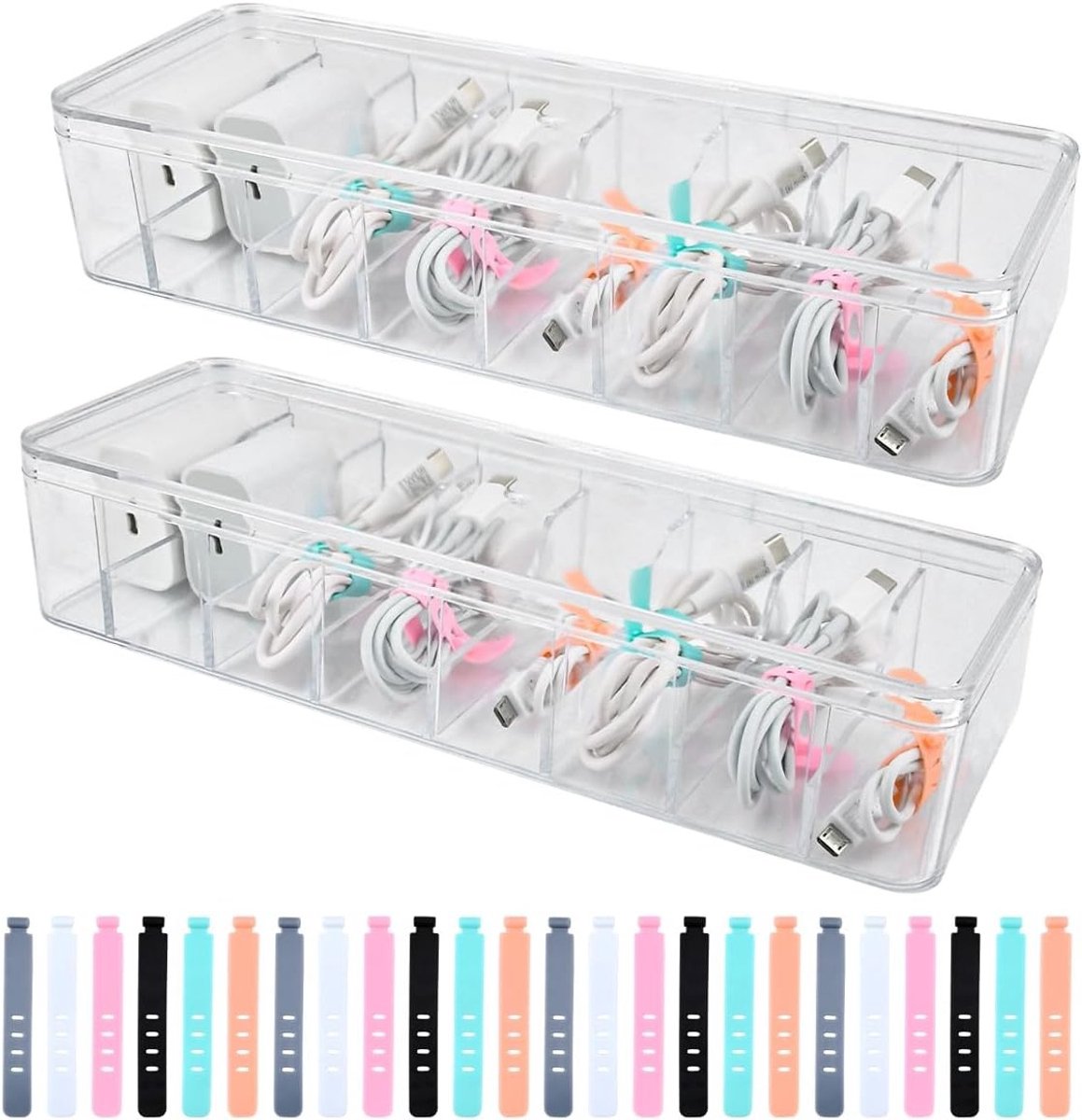 Set van 2 Kabelopbergdozen, Transparante Kabelorganizer met 8 Verstelbare Compartimenten en 24 Kabelbinders voor Efficiënte Kabelbeheer en Opberging op Kantoor of Thuis