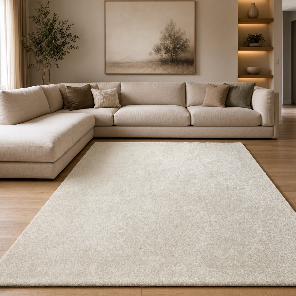 Comfy Soft - Effen Vloerkleed Wasbaar Uni Beige Creme- 400x500 CM