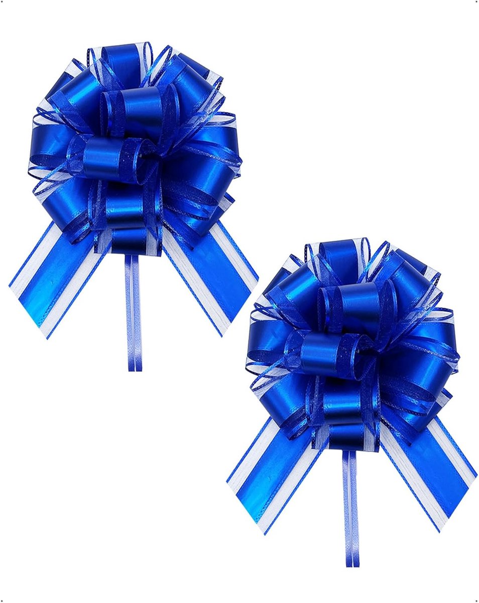 SnelShoppen - 2 STUKS Grote Trekknopen 17 cm - Decoratieve Cadeaustrikken Metallic Blauw voor Autodecoratie, Bruiloft, Feesten, Verjaardag, Kerstmis,