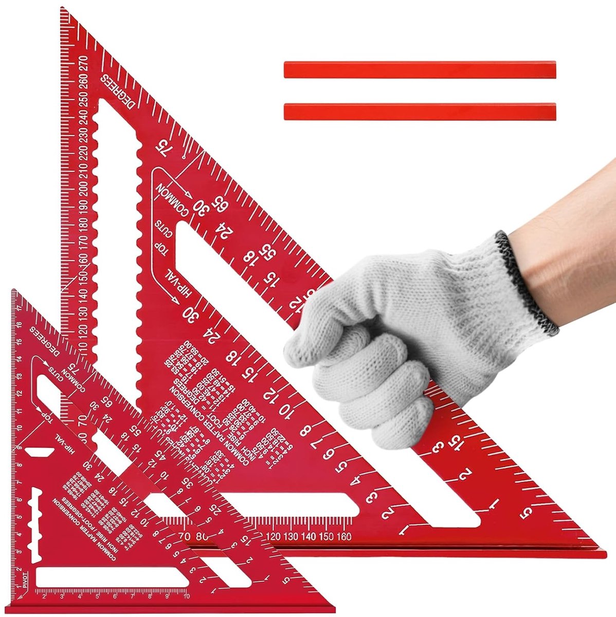 SnelShoppen - Flintronic 180mm en 300mm Hoeklijn, Aluminium Winkelhaak met Handvat, Multi-Purpose Hoek voor Timmerman, Dakdekker, Ingenieur (Rood)