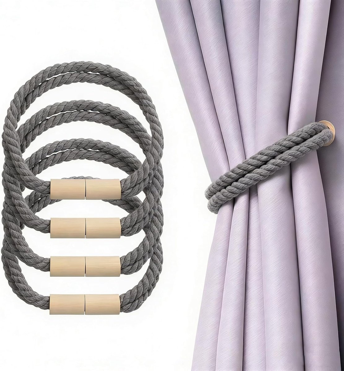 SnelShoppen - 4 Stuks Magnetische Gordijnhouders, Twisted Rope voor Gordijnen, Grijs, Hoogwaardige Katoen Linnen, Duurzaam en Stevig, Voor Thuis, Hote